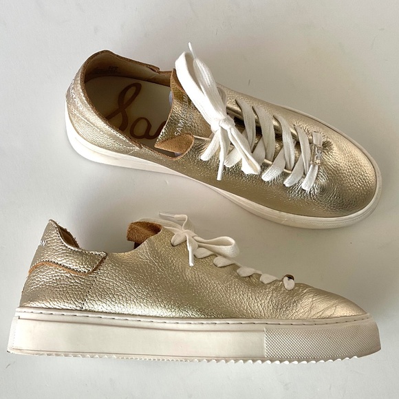 SAM EDELMAN Poppy Lace Up Leather Women’s Sneaker Gold Metallic Size 8 - Picture 1 of 9